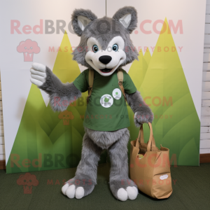 Olive Say Wolf mascot costume character dressed with a Romper and Tote bags