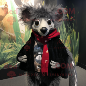 Black Aye-Aye mascot costume character dressed with a Sweatshirt and Shawl pins