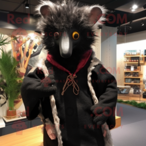 Black Aye-Aye mascot costume character dressed with a Sweatshirt and Shawl pins