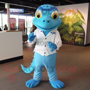 Sky Blue Lizard mascot costume character dressed with a Button-Up Shirt and Ties