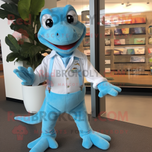 Sky Blue Lizard mascot costume character dressed with a Button-Up Shirt and Ties