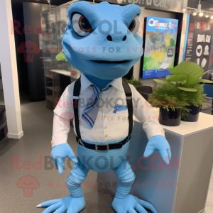 Sky Blue Lizard mascot costume character dressed with a Button-Up Shirt and Ties