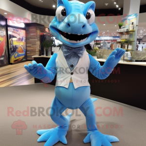 Sky Blue Lizard mascot costume character dressed with a Button-Up Shirt and Ties