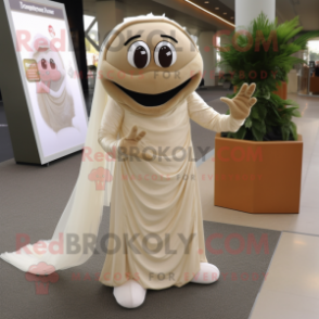 Beige Alliance mascot costume character dressed with a Wedding Dress and Rings