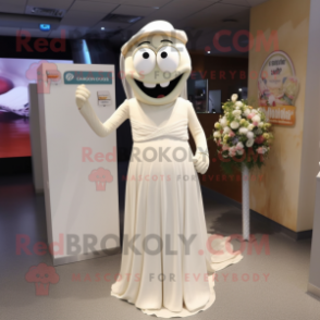 Beige Alliance mascot costume character dressed with a Wedding Dress and Rings