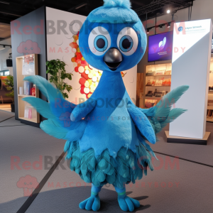 Sky Blue Peacock mascot costume character dressed with a Bodysuit and Suspenders