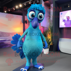 Sky Blue Peacock mascot costume character dressed with a Bodysuit and Suspenders