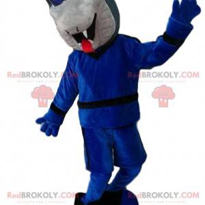 Mascote cobra cinza com um conjunto azul. - Redbrokoly.com