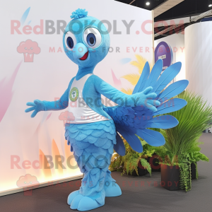 Sky Blue Peacock mascot costume character dressed with a Bodysuit and Suspenders