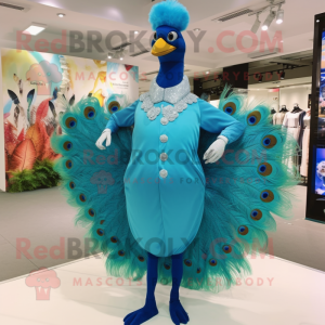 Sky Blue Peacock mascot costume character dressed with a Bodysuit and Suspenders