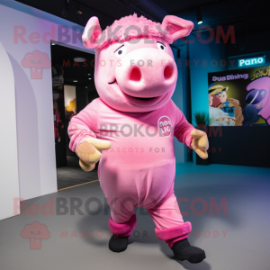 Pink Pig mascot costume character dressed with a Playsuit and Beanies