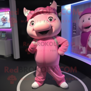 Pink Pig mascot costume character dressed with a Playsuit and Beanies