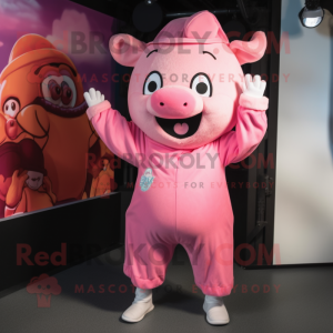 Pink Pig mascot costume character dressed with a Playsuit and Beanies