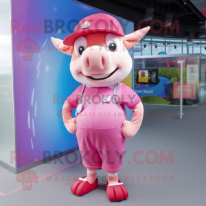 Pink Pig mascot costume character dressed with a Playsuit and Beanies