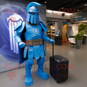 Blue Spartan Soldier mascot costume character dressed with a Maxi Dress and Briefcases