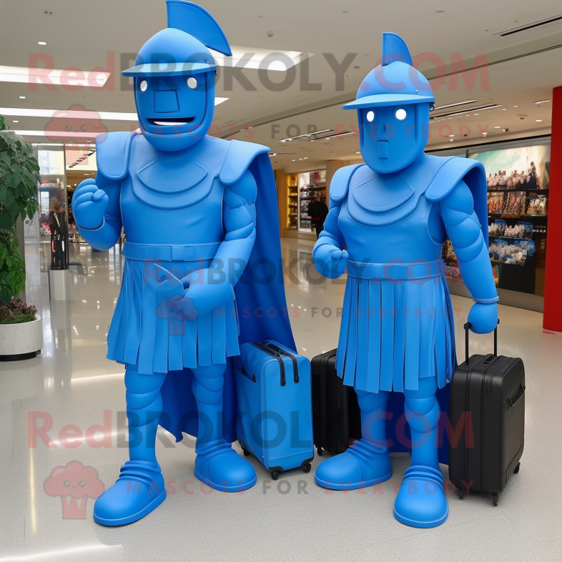 Blue Spartan Soldier mascot costume character dressed with a Maxi Dress and Briefcases Blue Spartan Soldier mascot costume character dressed with a Maxi Dress and Briefcases