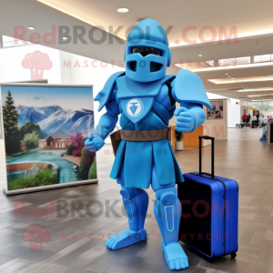 Blue Spartan Soldier mascot costume character dressed with a Maxi Dress and Briefcases