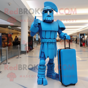 Blue Spartan Soldier mascot costume character dressed with a Maxi Dress and Briefcases