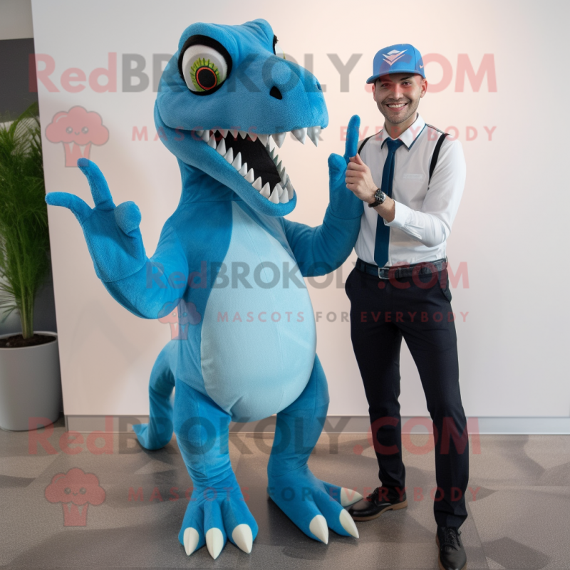 Cyan Utahraptor mascot costume character dressed with a Capri Pants and Ties