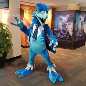 Cyan Utahraptor mascot costume character dressed with a Capri Pants and Ties