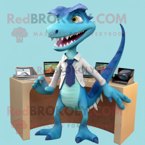 Cyan Utahraptor mascot costume character dressed with a Capri Pants and Ties