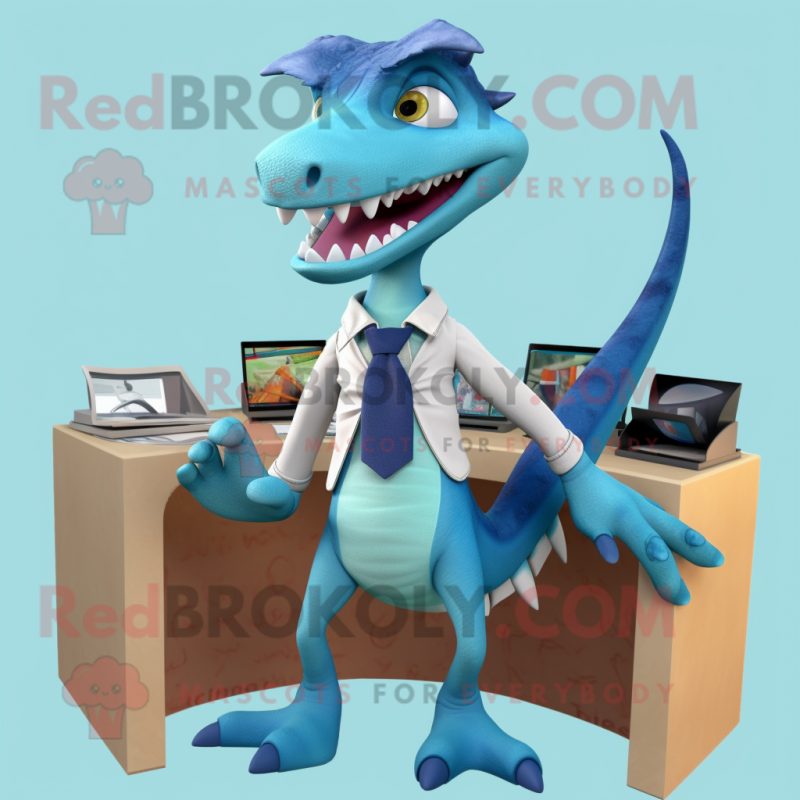 Cyan Utahraptor mascot costume character dressed with a Capri Pants and Ties Cyan Utahraptor mascot costume character dressed with a Capri Pants and Ties
