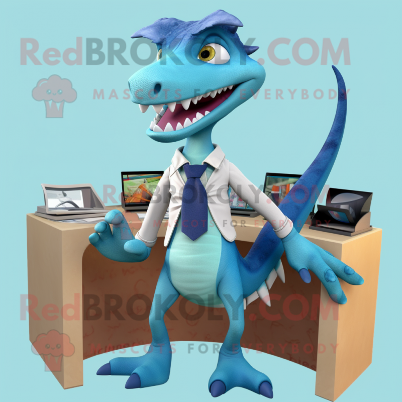 Cyan Utahraptor mascot costume character dressed with a Capri Pants and Ties