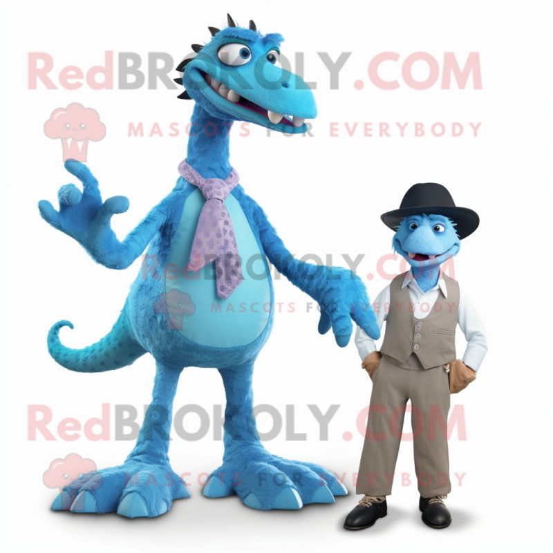 Cyan Utahraptor mascot costume character dressed with a Capri Pants and Ties