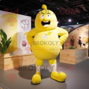 Lemon Yellow Strongman mascot costume character dressed with a Playsuit and Shoe laces