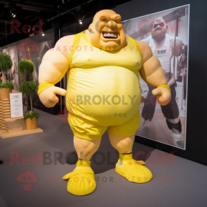 Lemon Yellow Strongman mascot costume character dressed with a Playsuit and Shoe laces