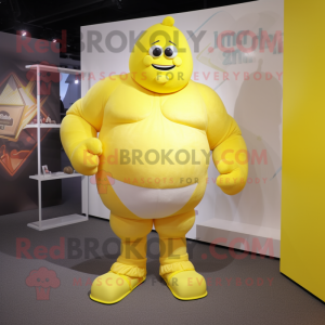 Lemon Yellow Strongman mascot costume character dressed with a Playsuit and Shoe laces