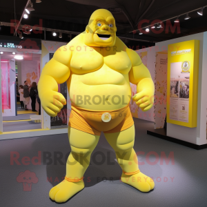 Lemon Yellow Strongman mascot costume character dressed with a Playsuit and Shoe laces