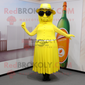 Lemon Yellow Bottle Of Mustard mascot costume character dressed with a Pleated Skirt and Sunglasses
