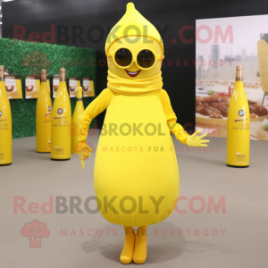 Lemon Yellow Bottle Of Mustard mascot costume character dressed with a Pleated Skirt and Sunglasses