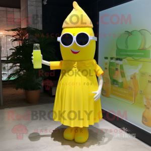 Lemon Yellow Bottle Of Mustard mascot costume character dressed with a Pleated Skirt and Sunglasses