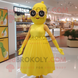 Lemon Yellow Bottle Of Mustard mascot costume character dressed with a Pleated Skirt and Sunglasses