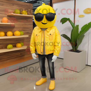 Lemon Yellow Grapefruit mascot costume character dressed with a Leather Jacket and Eyeglasses