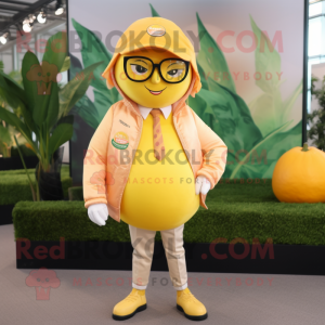 Lemon Yellow Grapefruit mascot costume character dressed with a Leather Jacket and Eyeglasses
