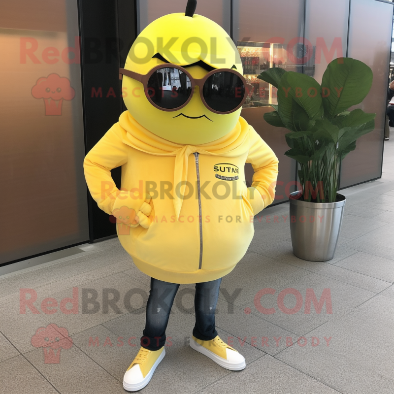 Lemon Yellow Grapefruit mascot costume character dressed with a Leather Jacket and Eyeglasses