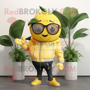 Lemon Yellow Grapefruit mascot costume character dressed with a Leather Jacket and Eyeglasses