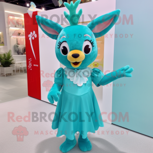 Cyan Roe Deer mascot costume character dressed with a Shift Dress and Hair clips