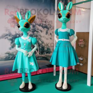 Cyan Roe Deer mascot costume character dressed with a Shift Dress and Hair clips