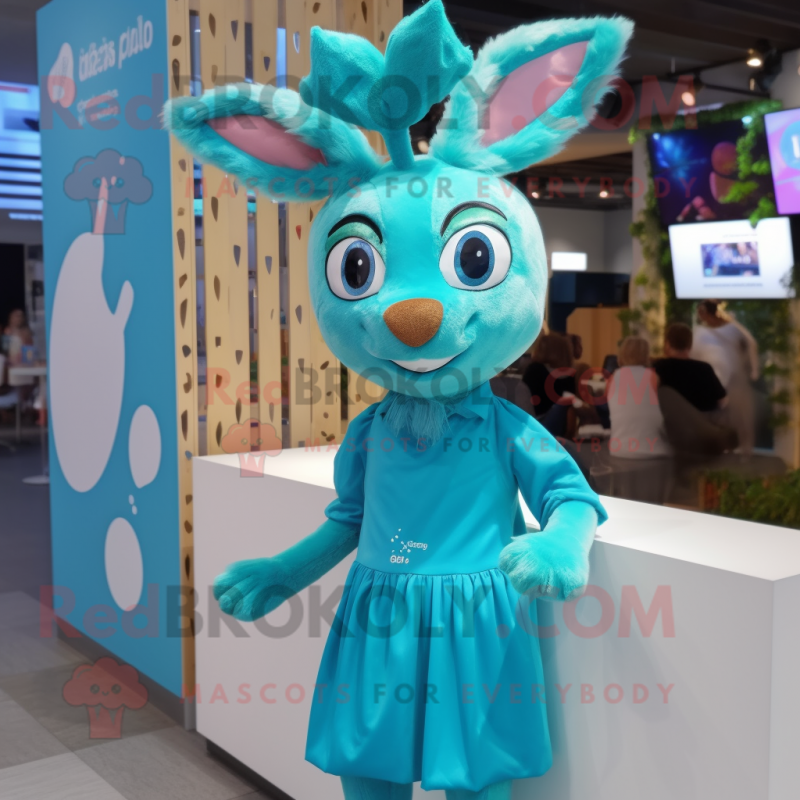 Cyan Roe Deer mascot costume character dressed with a Shift Dress and Hair clips