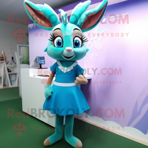 Cyan Roe Deer mascot costume character dressed with a Shift Dress and Hair clips