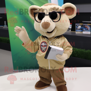 Beige Ray mascot costume character dressed with a Bomber Jacket and Reading glasses