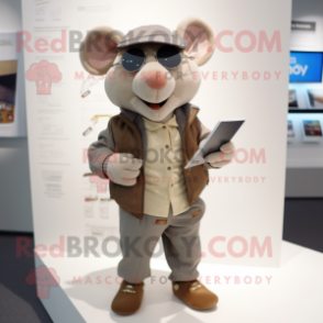 Beige Ray mascot costume character dressed with a Bomber Jacket and Reading glasses
