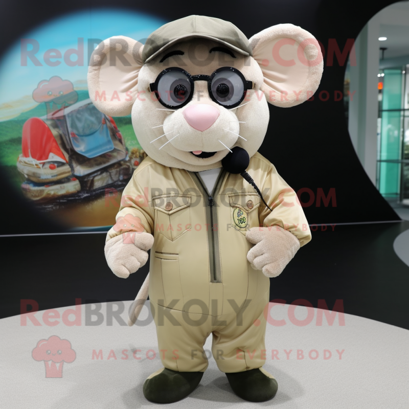 Beige Ray mascot costume character dressed with a Bomber Jacket and Reading glasses