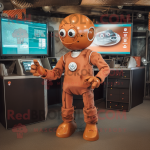 Rust Computer mascot costume character dressed with a Playsuit and Brooches