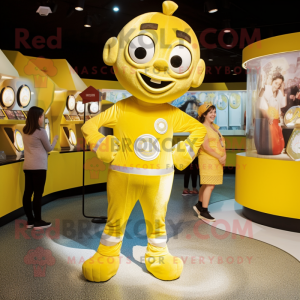 Yellow Acrobat mascot costume character dressed with a Romper and Coin purses