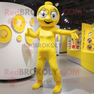 Yellow Acrobat mascot costume character dressed with a Romper and Coin purses